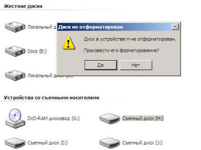 Диск в устройстве не отформатирован. Произвести его форматирование?